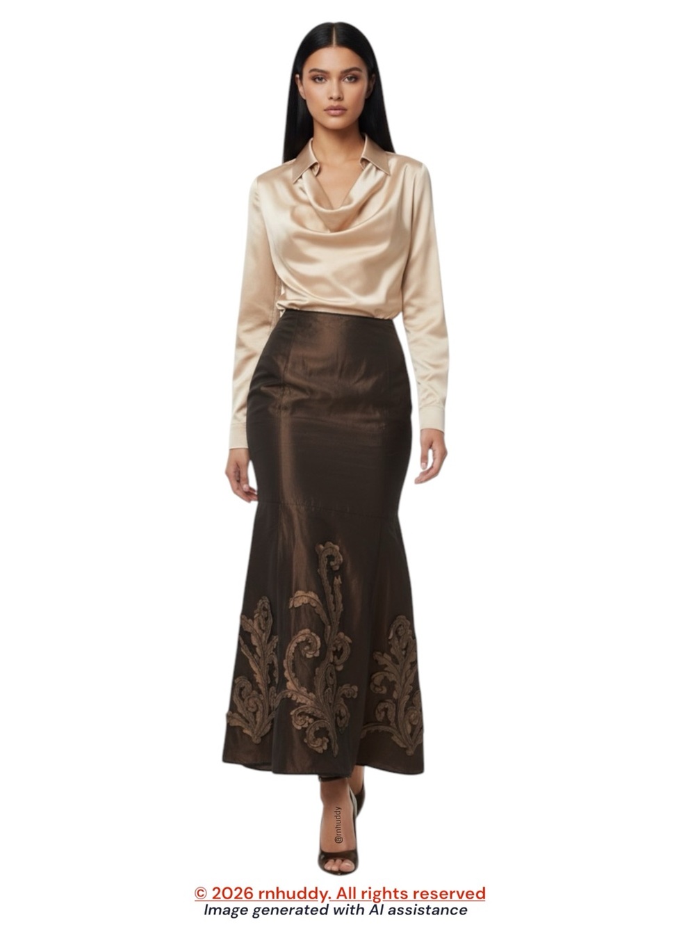 Per Se size 6 brown silk maxi skirt with embroidered accents